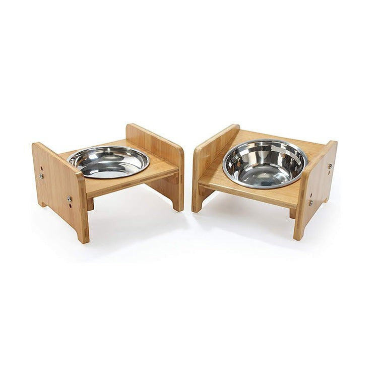 Wooofly bamboo feeding stand with removable stainless steel bowls for small to medium dogs and cats.