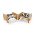 Wooofly bamboo feeding stand with removable stainless steel bowls for small to medium dogs and cats.