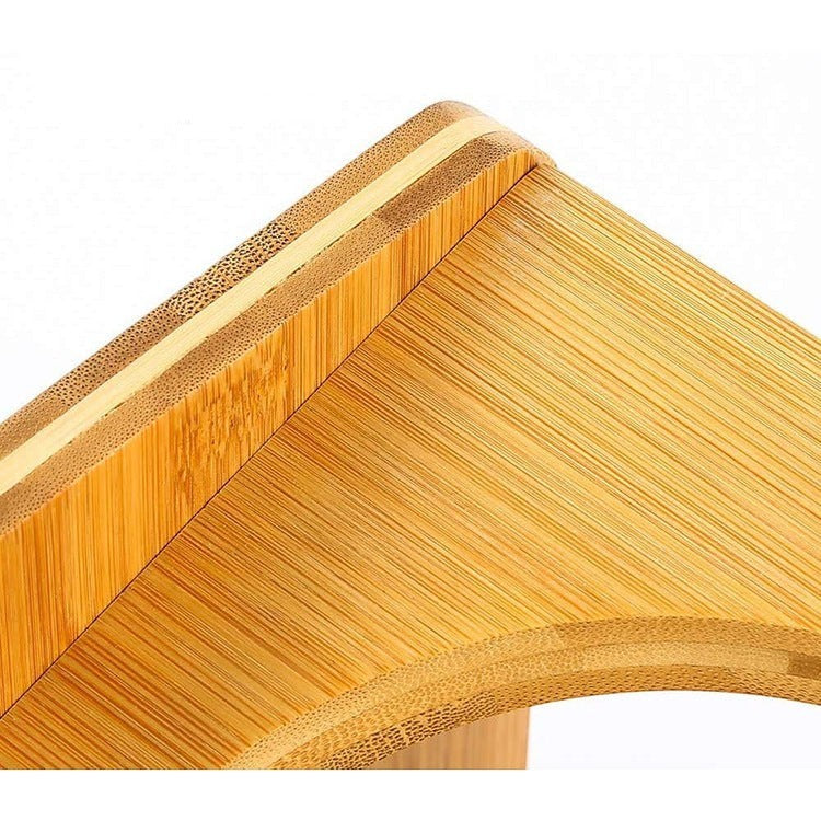 Close-up of the Wooofly Feeding Stand featuring a warm, natural bamboo wood grain finish and clean modern design.