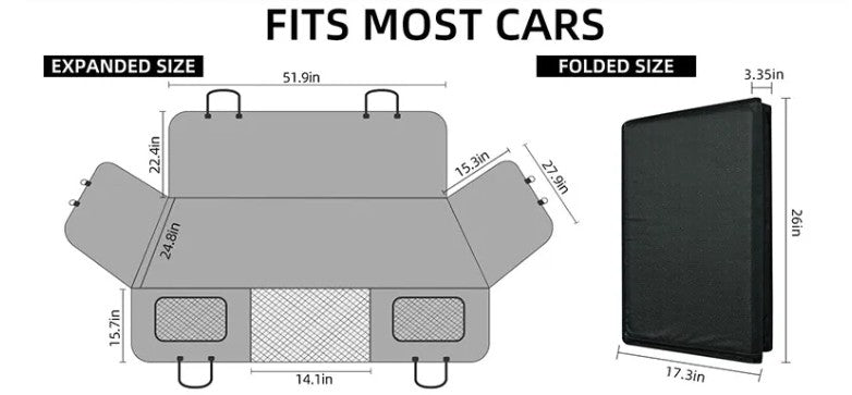 Wooofly car seat bed dimensions diagram showing expanded and folded sizes for easy travel and storage.