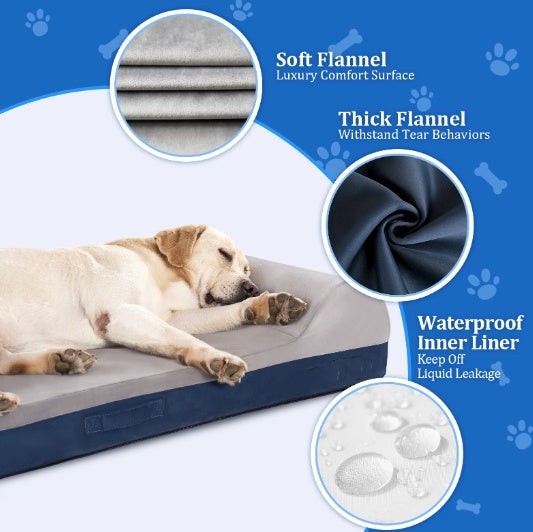 Wooofly Deep Rest Bed with gel memory foam, soft grey flannel cover, and waterproof liner, featuring a sleeping dog.