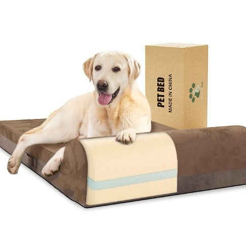 Wooofly Deep Rest Bed with gel memory foam, brown flannel cover, and bolster pillows, featuring a Labrador retriever.