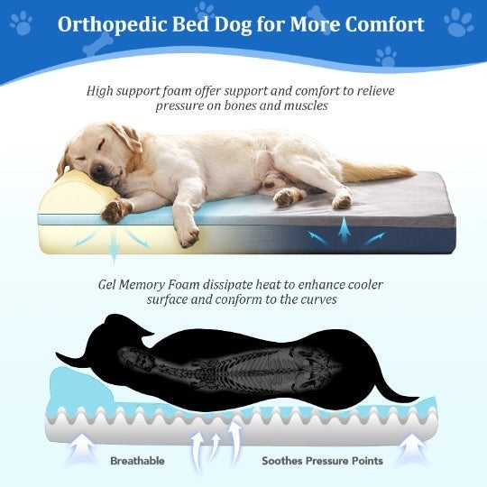 Wooofly Deep Rest Bed with 7.9-inch gel memory foam, featuring a sleeping dog and a diagram of pressure point relief.