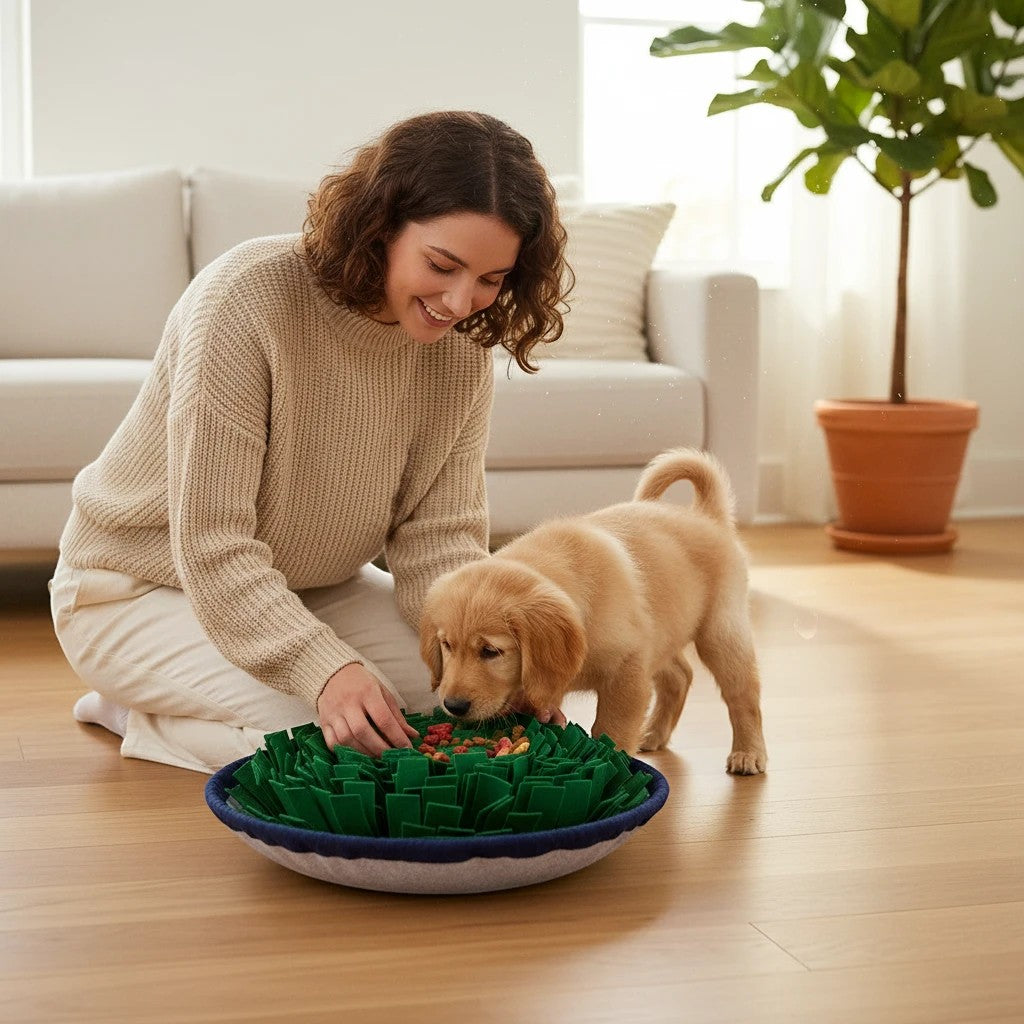 Woman playing with a golden retriever puppy using a green Wooofly interactive felt snuffle feeding mat on a floor.