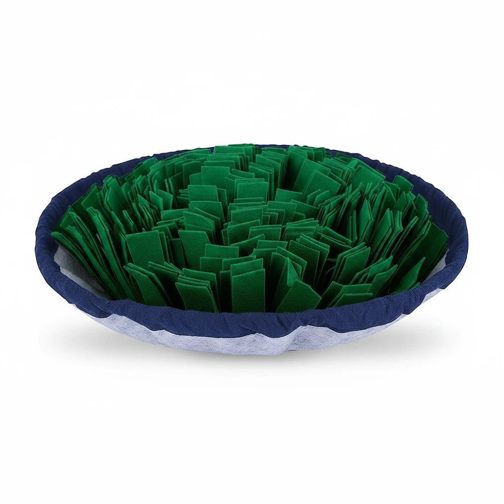 Wooofly interactive pet snuffle feeding mat in green felt with a blue drawstring bowl design for mental enrichment.