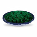 Wooofly interactive pet snuffle feeding mat in green felt with a blue drawstring bowl design for mental enrichment.