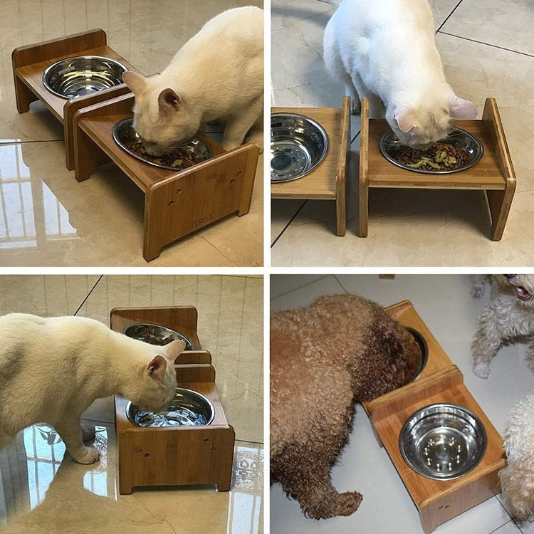 Wooofly bamboo feeding stand with removable stainless steel bowls, used by a cat and dog for comfortable mealtime.