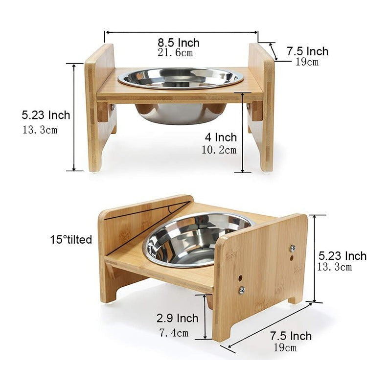 Wooofly bamboo raised dog feeding stand with a 15-degree tilted stainless steel bowl and detailed dimensions.