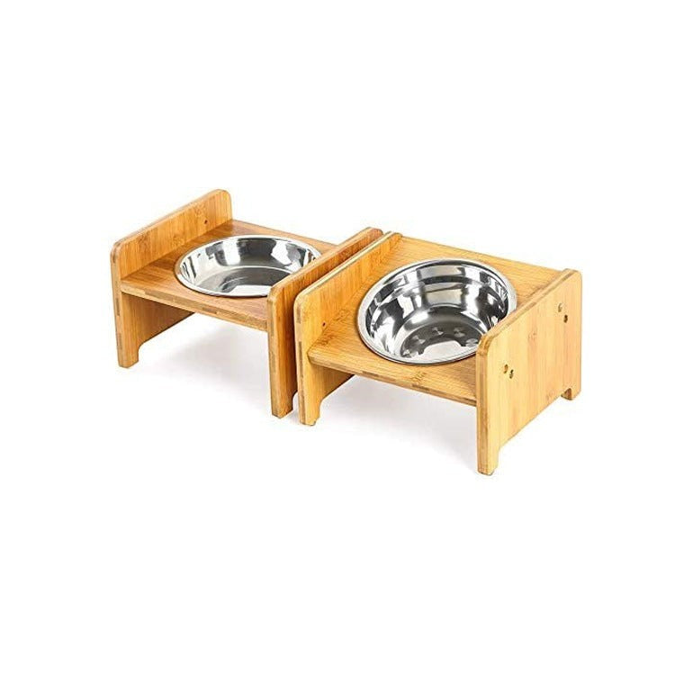 Wooofly bamboo raised dog feeding stand with two removable stainless steel bowls for small to medium pets.