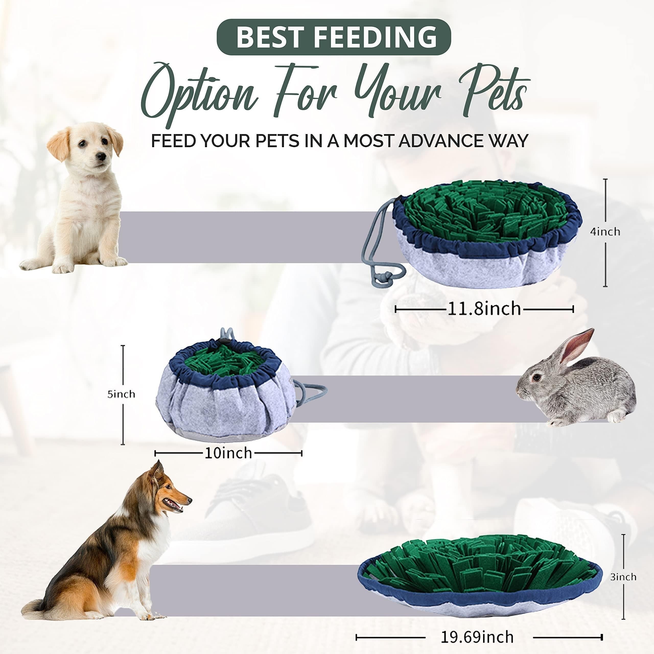 Wooofly adjustable snuffle mat with green fleece strips and grey base, shown with dimensions and pet examples.