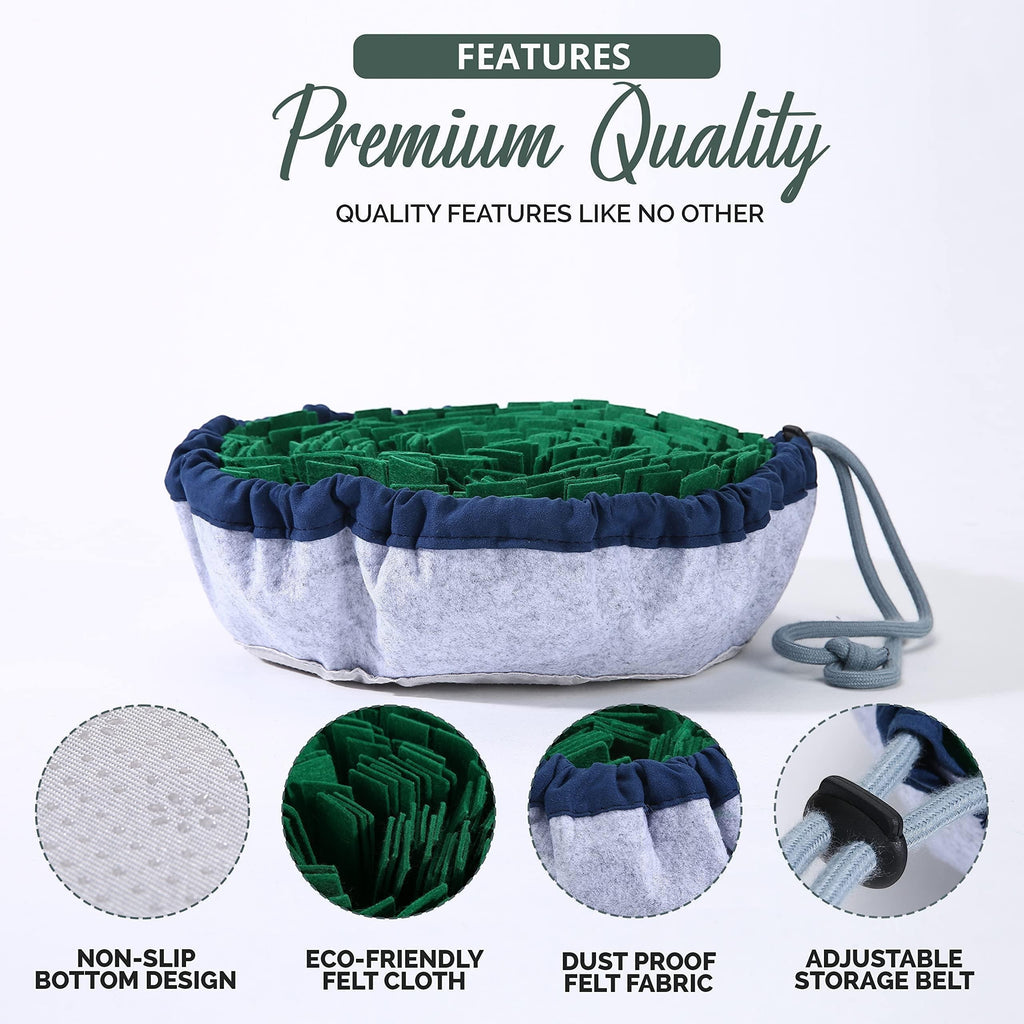 Wooofly snuffle mat with green felt strips, blue trim, and adjustable drawstring for dog enrichment and slow feeding.