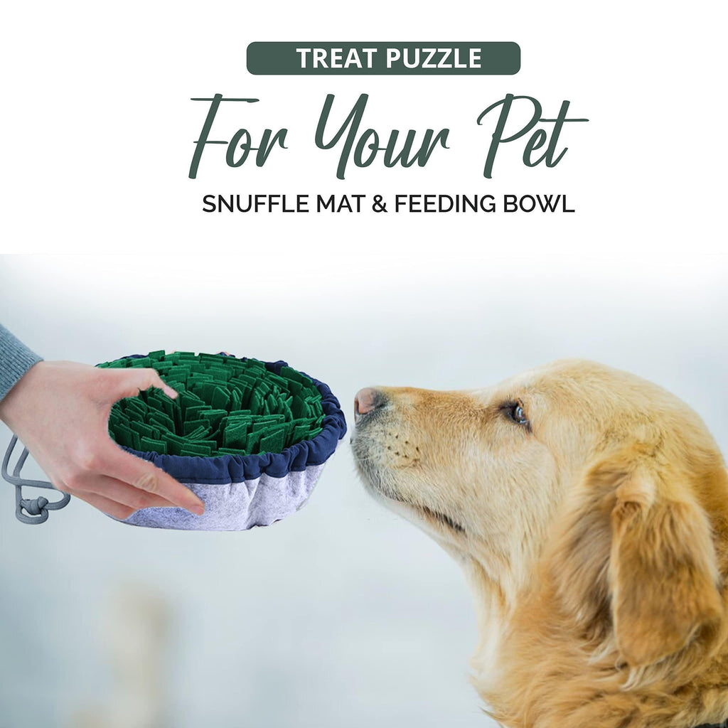 Wooofly green fleece snuffle mat held by a hand for a golden retriever to sniff as a dog enrichment treat puzzle.