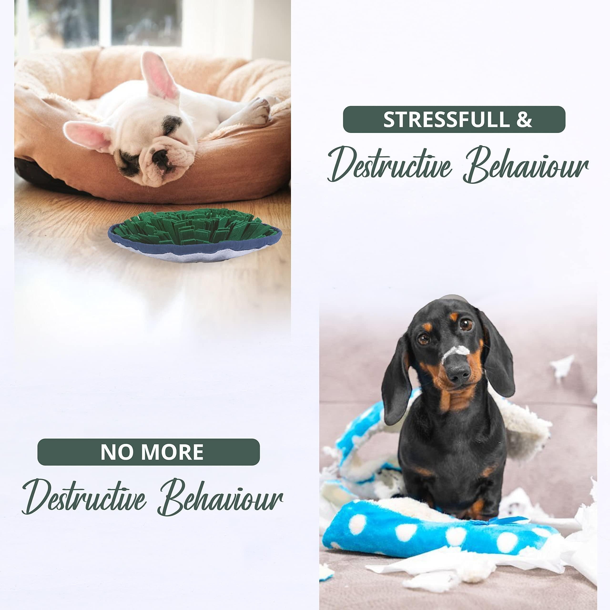 Wooofly Snuffle Mat with green fleece strips for dog enrichment, shown with a sleeping puppy and a calm dog.