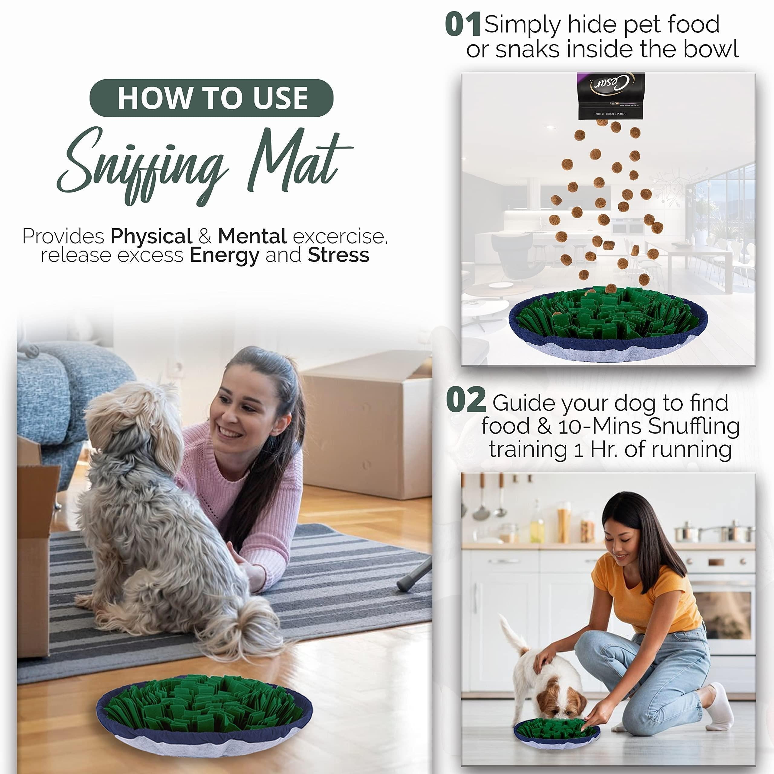 Wooofly Snuffle Mat with green fleece strips for dog enrichment, shown in use with kibble and happy pets.
