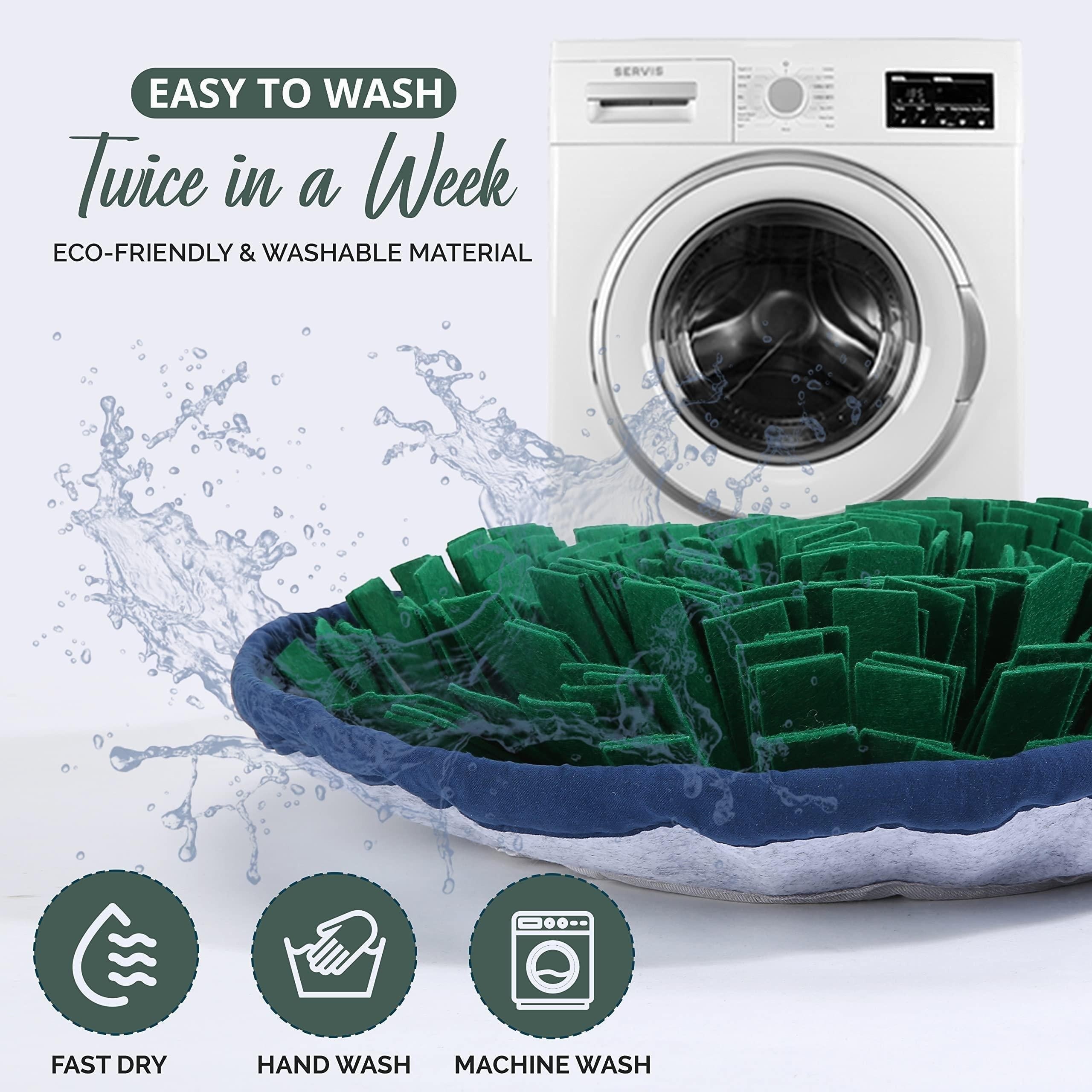 Wooofly green fleece snuffle mat for dogs, showing machine washable design and enrichment feeding features.