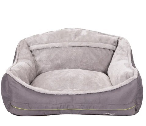 Wooofly stone-grey bolster dog sofa bed with plush interior and durable woven exterior for comfortable pet support.