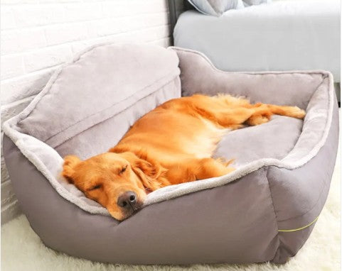 A golden retriever sleeping on a stone-grey Wooofly bolster sofa bed with raised sides for head support.