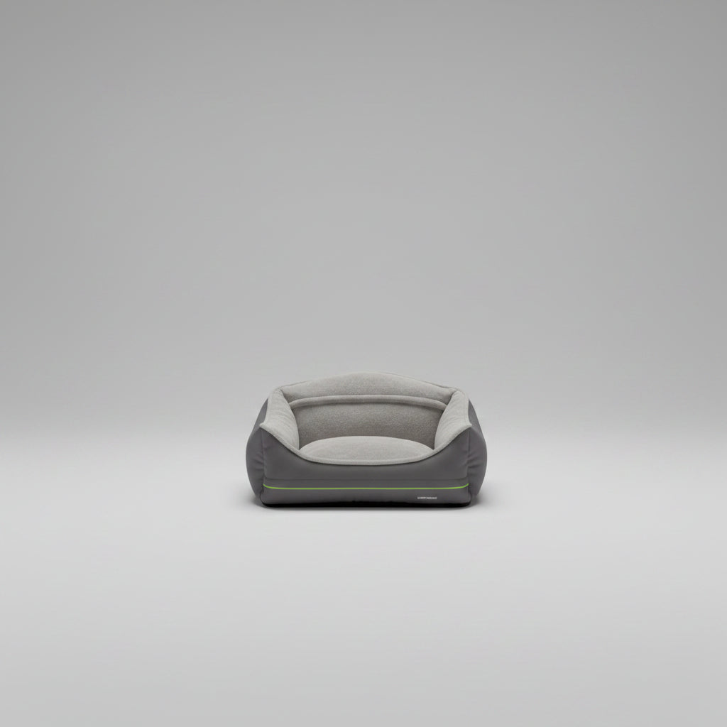 Wooofly stone-grey bolster dog sofa bed with plush interior and durable woven exterior for comfortable pet lounging.