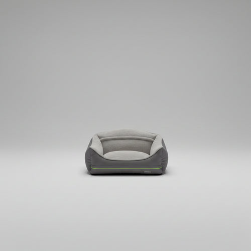 Wooofly stone-grey bolster dog sofa bed with plush interior and durable woven exterior for comfortable pet lounging.